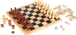 5 klassiske spil i 1. Træspil - Skak, Mølle,Dam, Backgammon og Kryds - Metalæske (Spil)