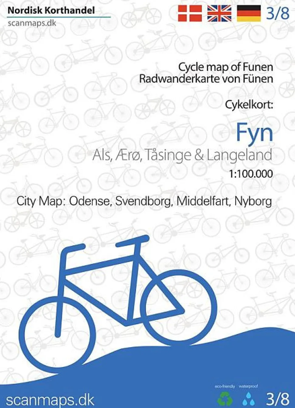Cykelkort Fyn, Ærø, Tåsinge og Langeland (Kort falset lamineret, Dansk)