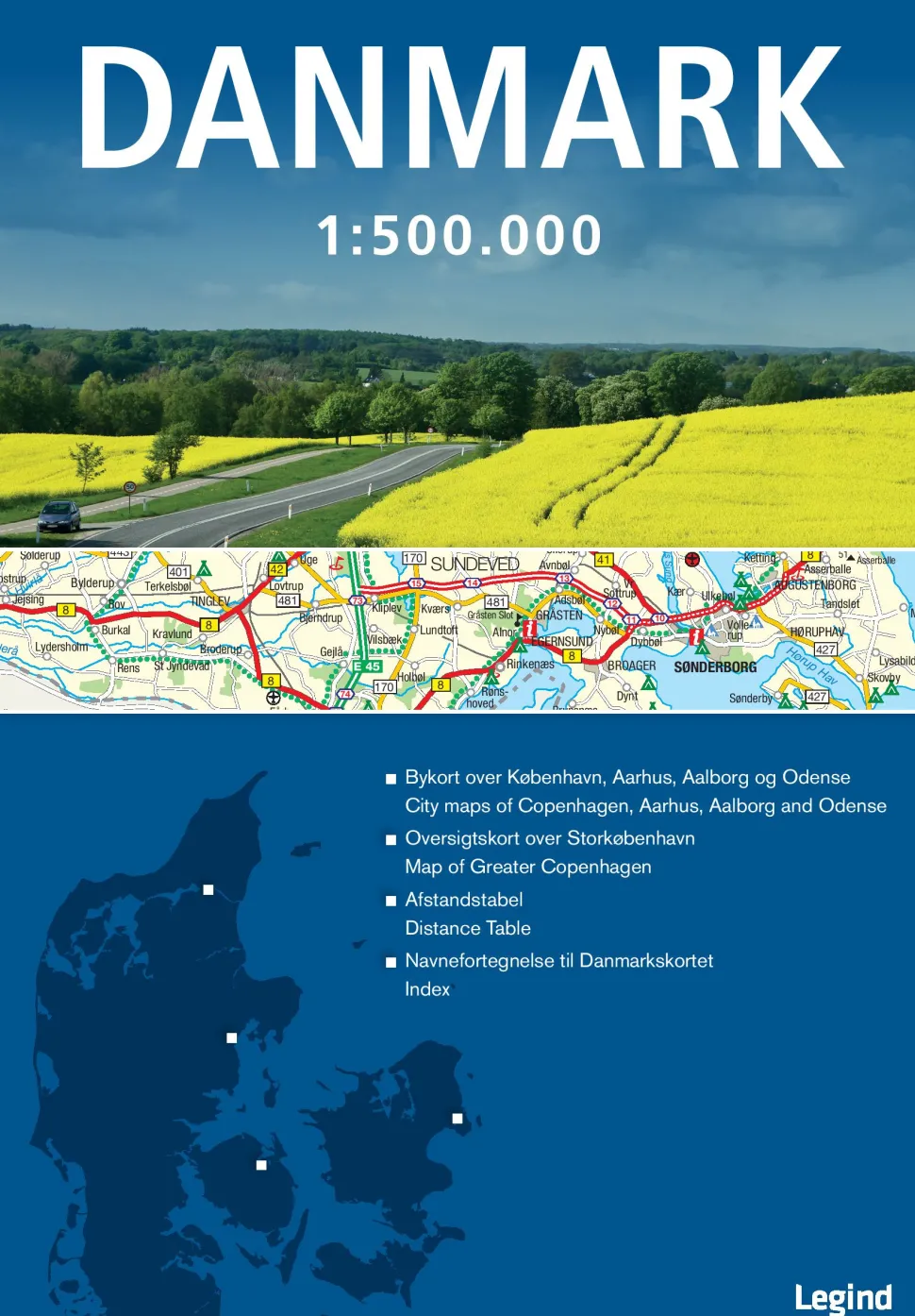 Danmarkskort 1:500.000 (Bog, Kort falset papir, Dansk)