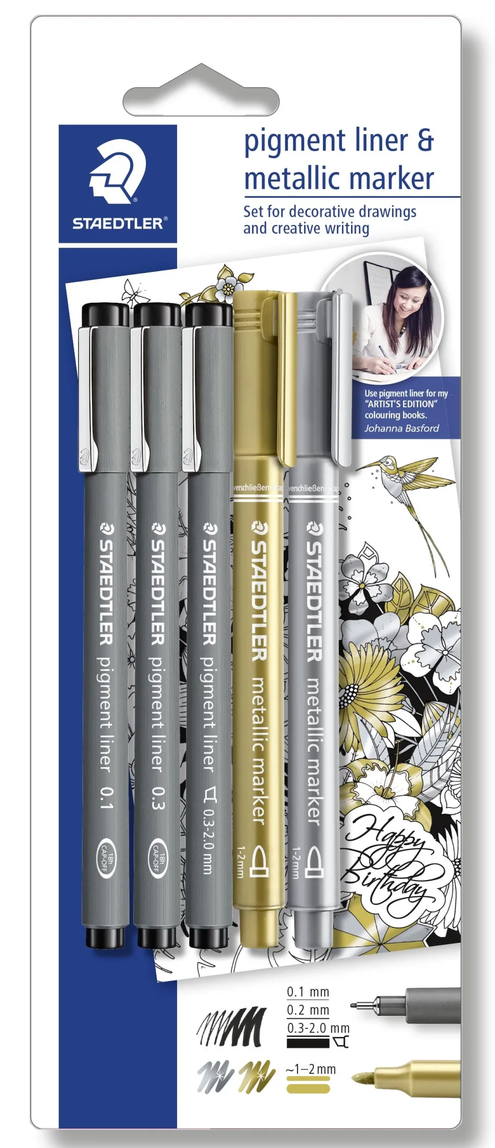 Fineliner pigment liner sort + sølv og guld (3+2) (Kontorartikler)