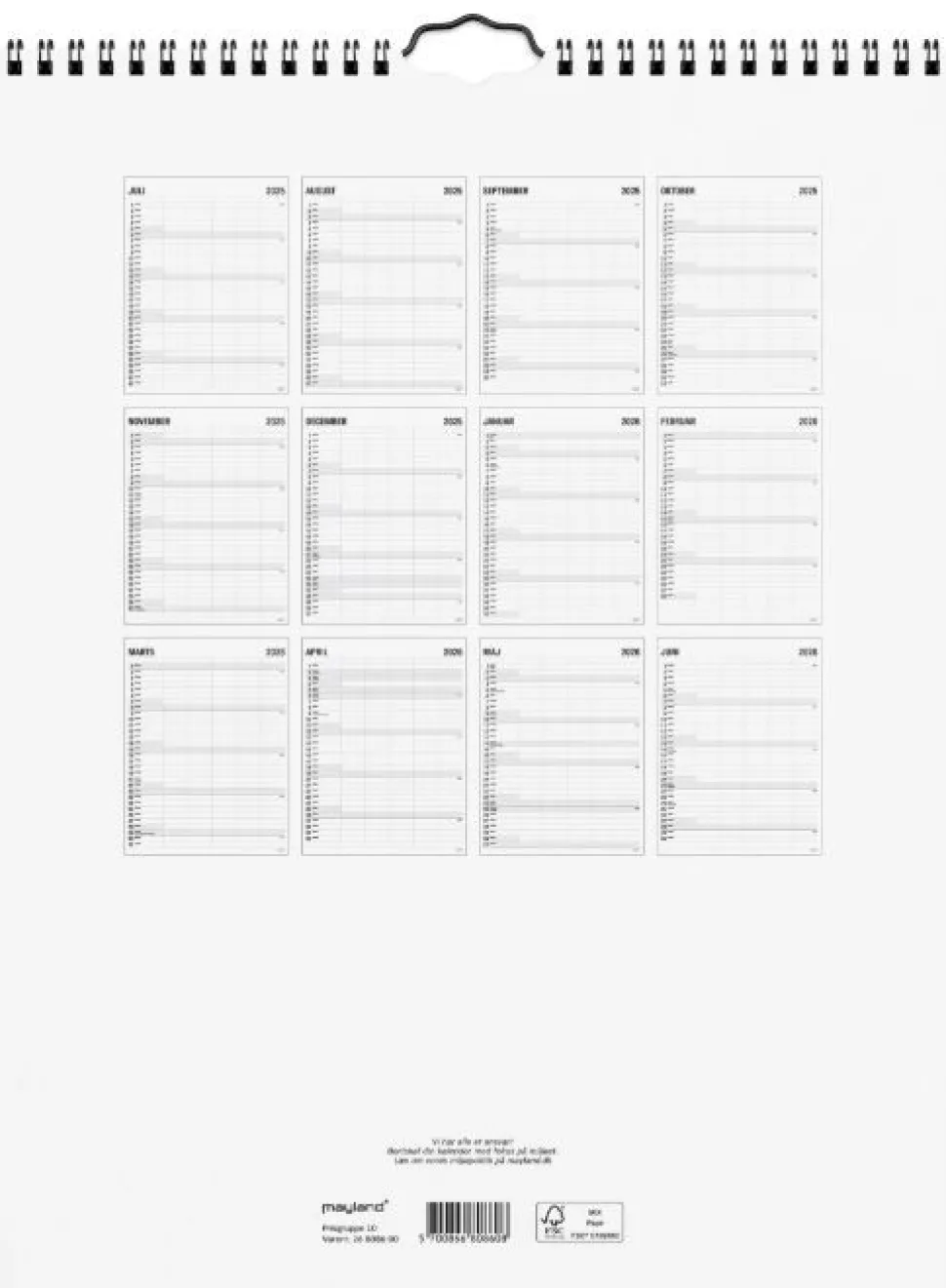 Mayland Studie Familiekalender 2025/26 - Black and White (Kalender, Spiralryg, Dansk)