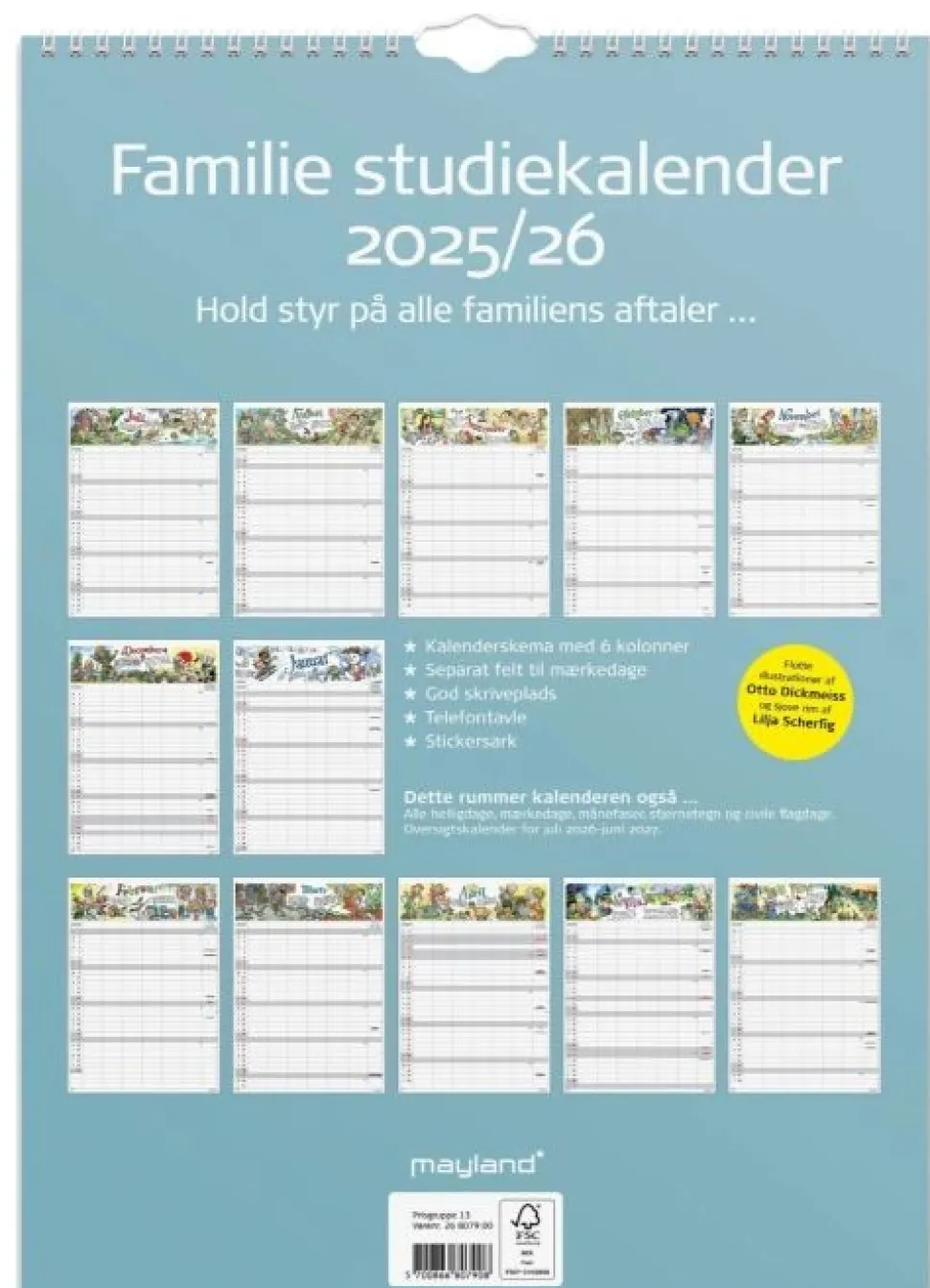 Studie Familiekalender Otto Dickmeiss & Lilja Scherfing A3 2025/26 (Kalender, Spiralryg, Dansk)